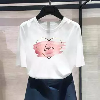 Азиатский размер с принтом, женская футболка, акварель, сердце, сладкая одежда 90-х годов, повседневная женская летняя футболка с графическим принтом, модная футболка с коротким рукавом S
