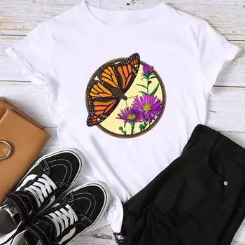 Азиатский размер с принтом, женская футболка с рисунком бабочки, милая одежда 90-х годов, повседневная женская летняя футболка, модная футболка с коротким рукавом и рисунком S