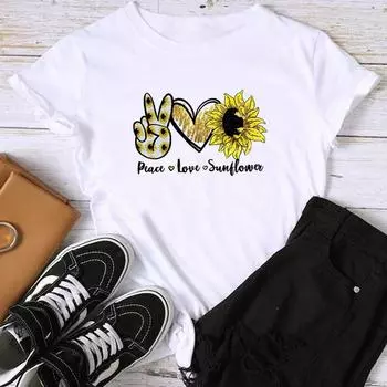 Азиатский размер-принт женская футболка с цветочным принтом и сердечками, модная повседневная женская летняя футболка с графическим принтом, модная футболка с коротким рукавом S