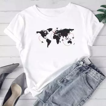 (Азиатский размер) Симпатичная женская футболка с принтом Map Travel в стиле 90-х годов, модная футболка, женская одежда, футболки с короткими рукавами и графикой S