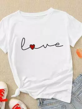 (Азиатский размер) Симпатичная женская модная одежда с надписью Love Heart Trend, повседневная футболка с коротким рукавом, женская футболка с принтом, футболки с графическим рисунком S