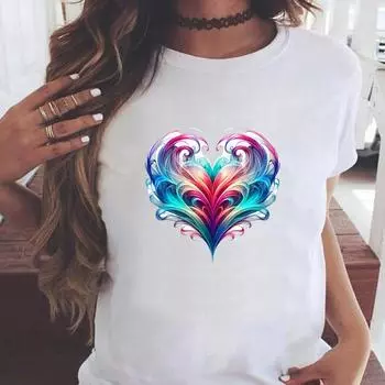 (Азиатский размер) Сладкая любовь сердце милый повседневный женский модный принт короткий рукав футболки одежда T женский топ графическая футболка S