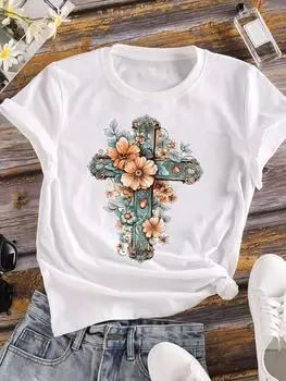 (Азиатский размер) Сладкий цветочный цветочный тренд Женская футболка Верхняя одежда Повседневная Цветочная мода Футболка с коротким рукавом Принт Женская графическая футболка S