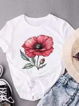 (Азиатский размер) Сладкий цветочный тренд Футболки с коротким рукавом Футболка Одежда Модный принт Женская повседневная женская футболка с графическим принтом S
