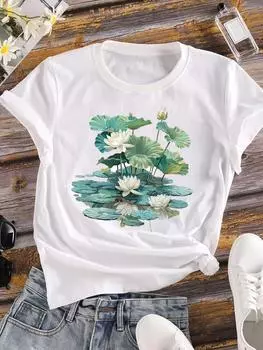 (Азиатский размер) Сладкий тренд 90-х Одежда Повседневная Женская футболка с принтом Топ Цветочная модная футболка с коротким рукавом Женские графические футболки S