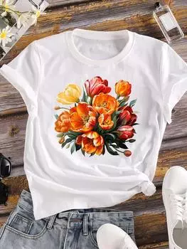 (Азиатский размер) Сладкий тренд 90-х Одежда Повседневная Женская футболка с принтом Топ Цветочная модная футболка с коротким рукавом Женские графические футболки S