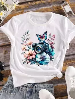 (Азиатский размер) Сладкий тренд бабочки Женская футболка Верхняя одежда Повседневная Цветочная мода с коротким рукавом Футболка с принтом Женская женская графическая футболка S
