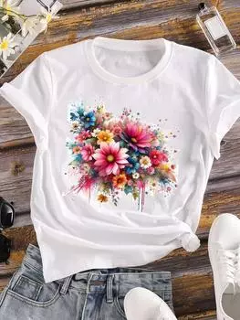 (Азиатский размер) Стиль 90-х годов, тренд, милая одежда, повседневная женская футболка с принтом, топ с цветочным принтом, модная футболка с коротким рукавом, женские графические футболки S