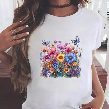 (Азиатский размер) Стиль акварельных цветов Повседневная женская мода Принт с коротким рукавом Футболки Одежда T Женская футболка с рисунком S