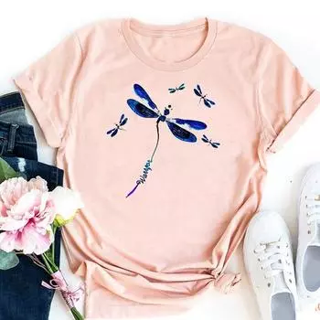 (Азиатский размер)Стрекоза Акварель Милая Милая Футболка Топ Модная Футболка Одежда Повседневная С Коротким Рукавом Женская Печать Женская Графическая Футболка S
