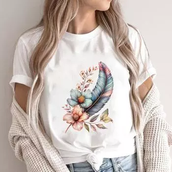 (Азиатский размер) Тенденция 90-х годов с принтом в виде перьев Футболки с коротким рукавом Повседневная женская модная одежда Футболка с графическим принтом S