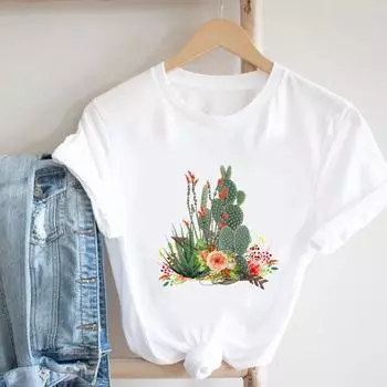 (Азиатский размер) Тенденция кактуса, футболка с рисунком, одежда, футболка, модная повседневная женская футболка с коротким рукавом и принтом, женская футболка с круглым вырезом и графикой S