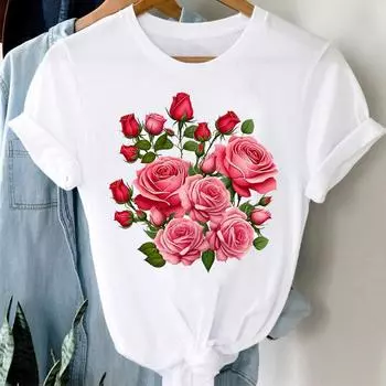 (Азиатский размер) тренд акварель 90-х принт женская женская футболка верхняя одежда повседневная цветочная мода короткий рукав футболка женская графическая футболка S