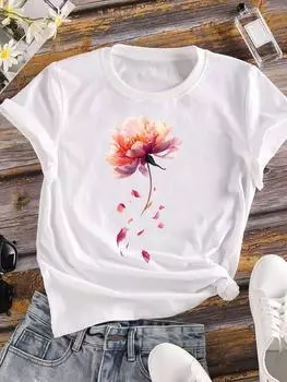 (Азиатский размер) тренд акварельный стиль одежда повседневная цветочная мода короткий рукав футболка женская футболка топ с принтом женская графическая футболка S