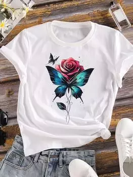 (Азиатский размер) Тренд бабочка 90-х Женская футболка Верхняя одежда Повседневная Цветочная мода с коротким рукавом Футболка с принтом Женская женская графическая футболка S