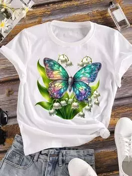 (Азиатский размер) Тренд в стиле бабочки с коротким рукавом Футболка женская футболка верхняя одежда повседневная Цветочная мода принт женская женская графическая футболка S