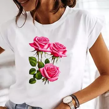 (Азиатский размер) Трендовые цветочные милые графические футболки Футболка Женская верхняя одежда Повседневная Цветочная мода с коротким рукавом с принтом Женская женская футболка S