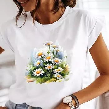 (Азиатский размер) Трендовый акварельный цветок милый женский футболка верхняя одежда повседневная печать короткий рукав футболка модные женские принтованные графические футболки S