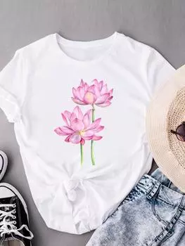 (Азиатский размер) Трендовый цветочный стиль Футболки с коротким рукавом Футболка с модным принтом Женская повседневная женская футболка с графическим принтом S