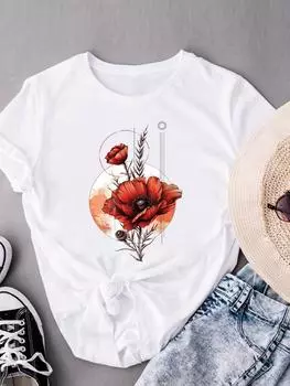 (Азиатский размер) Трендовый цветочный стиль Футболки с коротким рукавом Футболка с модным принтом Женская повседневная женская футболка с графическим принтом S