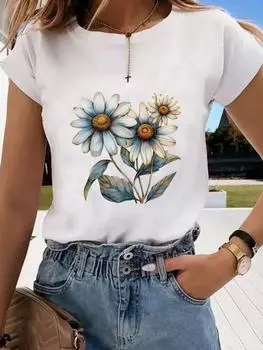 (Азиатский размер) Трендовый цветок милый короткий рукав футболки одежда мода принт футболка женская повседневный женский топ с рисунком футболка S