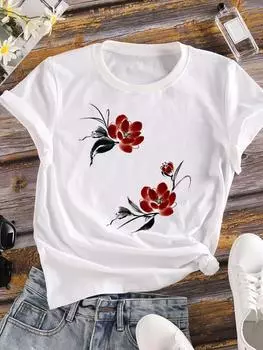 (Азиатский размер) Трендовый стиль 90-х Одежда Повседневная Цветочная Мода Футболка с коротким рукавом Женская Футболка с принтом Женская Графическая Футболка S