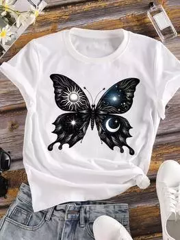 (Азиатский размер) Трендовый стиль бабочка Женская футболка Верхняя одежда Повседневная Цветочная мода с коротким рукавом Футболка с принтом Женская женская графическая футболка S