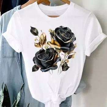 (Азиатский размер) Трендовый стиль цветочный принт Женская футболка Верхняя одежда Повседневная модная футболка с коротким рукавом с цветочным принтом Женские графические футболки S
