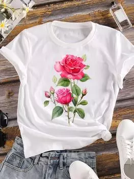 (Азиатский размер) Трендовый стиль Цветок Женская футболка Верхняя одежда Повседневная футболка с коротким рукавом с цветочным принтом Модные женские графические футболки S