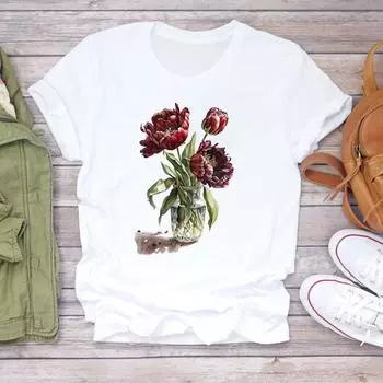 (Азиатский размер) Трендовый стиль, женская футболка с цветочным принтом и принтом, повседневная женская футболка с коротким рукавом, женская футболка с графическим рисунком S