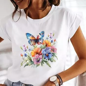 (Азиатский размер) Женская акварельная бабочка тренд 90-х футболка верхняя одежда повседневная принтованная футболка с коротким рукавом модные женские принтованные графические футболки S