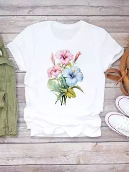 (Азиатский размер) Женская акварельная цветочная стильная милая футболка 90-х с коротким рукавом и модным принтом, женская футболка, верхняя одежда, повседневная футболка, женские футболки с графикой S
