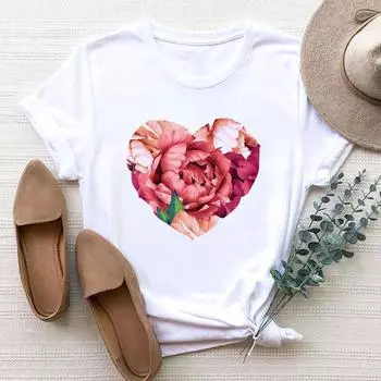 (Азиатский размер) Женская акварельная цветочная трендовая милая сладкая одежда с принтом, футболка, модная футболка, женские женские футболки с коротким рукавом и графикой S