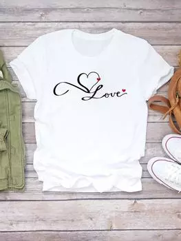 (Азиатский размер) Женская акварельная футболка с любовным письмом, стильная тенденция, с коротким рукавом, модная женская футболка с принтом, верхняя одежда, повседневная футболка, женские футболки с графикой S
