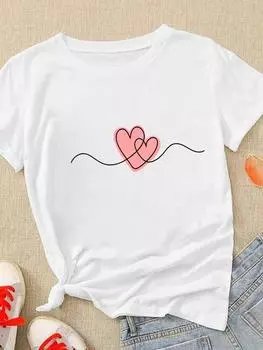 (Азиатский размер) Женская акварельная любовь в стиле сердца, модная одежда с коротким рукавом, повседневная футболка, женская футболка с принтом, топ, графические футболки S