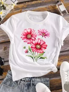 (Азиатский размер) Женская акварельная тенденция 90-х годов Одежда Повседневные футболки Топ с коротким рукавом Футболка Модные принты Женские графические футболки S