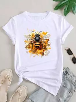 (Азиатский размер) Женская акварельная трендовая милая модная одежда с короткими рукавами в виде пчелы, повседневная футболка, женская футболка с принтом, топ, графические футболки S