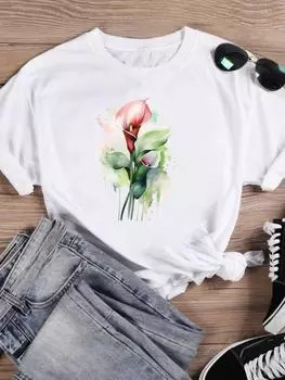 (Азиатский размер) Женская акварельная трендовая стильная футболка с милым сладким цветочным принтом, повседневная модная футболка с принтом, женская повседневная футболка с графическим рисунком, футболки с короткими рукавами S