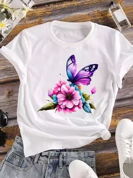 (Азиатский размер) Женская бабочка цветок тренд милый топ футболка женская повседневная футболка с коротким рукавом модный принт женская женская графическая футболка S