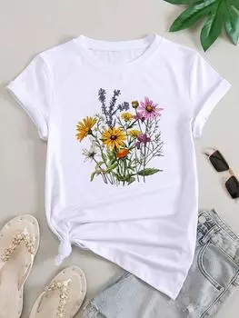 (Азиатский размер) Женская цветочная акварель 90-х годов, тренд, милая модная одежда с коротким рукавом, повседневная футболка, женская футболка с принтом, топ, графические футболки S