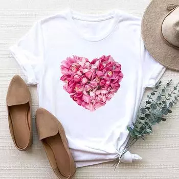 (Азиатский размер) Женская цветочная акварельная тенденция, милая одежда 90-х годов, футболка с принтом, модная футболка, женские футболки с коротким рукавом и графикой S