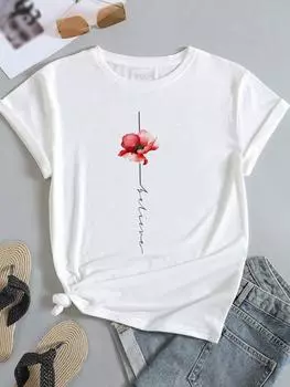(Азиатский размер) Женская цветочная акварельная тенденция, милая модная футболка с коротким рукавом, одежда с принтом, женская повседневная футболка, женские футболки с графикой S