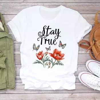 (Азиатский размер) Женская цветочная буква тренд милый 90-е повседневная футболка с коротким рукавом модная футболка верхняя одежда принт женская женская графическая футболка S