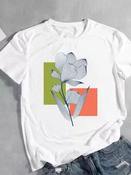 (Азиатский размер) Женская цветочная геометрическая тенденция 90-х годов с коротким рукавом, модная женская футболка с принтом, верхняя одежда, повседневная футболка, женские футболки с графикой S