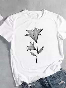 (Азиатский размер) Женская футболка 90-х годов с мультяшным акварельным цветком и коротким рукавом, модная женская футболка с принтом, верхняя одежда, повседневная футболка, женские футболки с графическим рисунком S