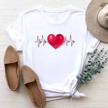 (Азиатский размер) Женская футболка Heartbeat Love Trend, милая и сладкая одежда 90-х годов, футболка с принтом, модная футболка, женские футболки с коротким рукавом и графикой S
