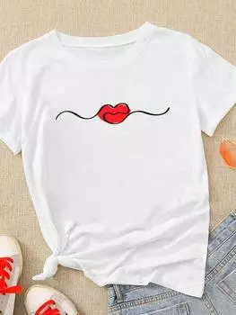 (Азиатский размер) Женская футболка Lip Sweet Trend, милая футболка с короткими рукавами 90-х годов, верхняя одежда, модный принт, женские повседневные женские футболки с графикой S