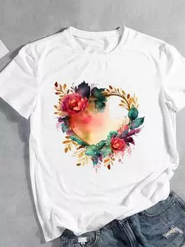(Азиатский размер) Женская футболка Love Heart Flower Trend в стиле 90-х с коротким рукавом и модным принтом, женская футболка, верхняя одежда, повседневная футболка, женские футболки с графикой S