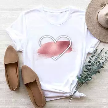 (Азиатский размер) Женская футболка Love Heart с акварельным трендом, милая одежда 90-х годов с принтом, модная футболка, женские футболки с коротким рукавом и графикой S