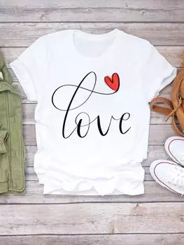 (Азиатский размер) Женская футболка Love Style Trend, милая милая футболка с коротким рукавом в стиле 90-х годов, модная женская футболка с принтом, повседневная футболка, женские футболки с графическим рисунком S